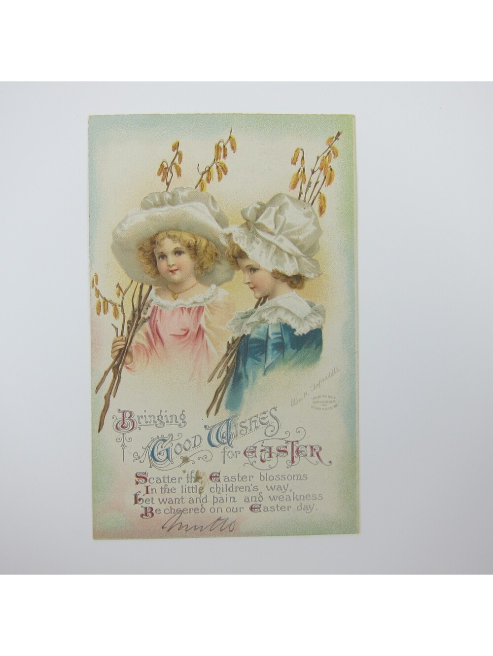Easter Postcard Two Girls Pink & Blue Dress White Bonnets Embossed Antique